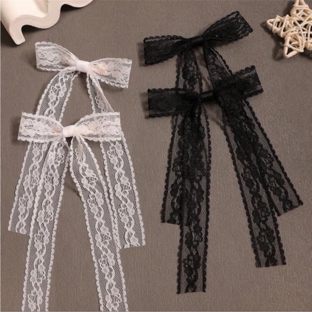 Set of 4 Lace Bow Hair Clips Black & White NEW Coquette Festival Girly